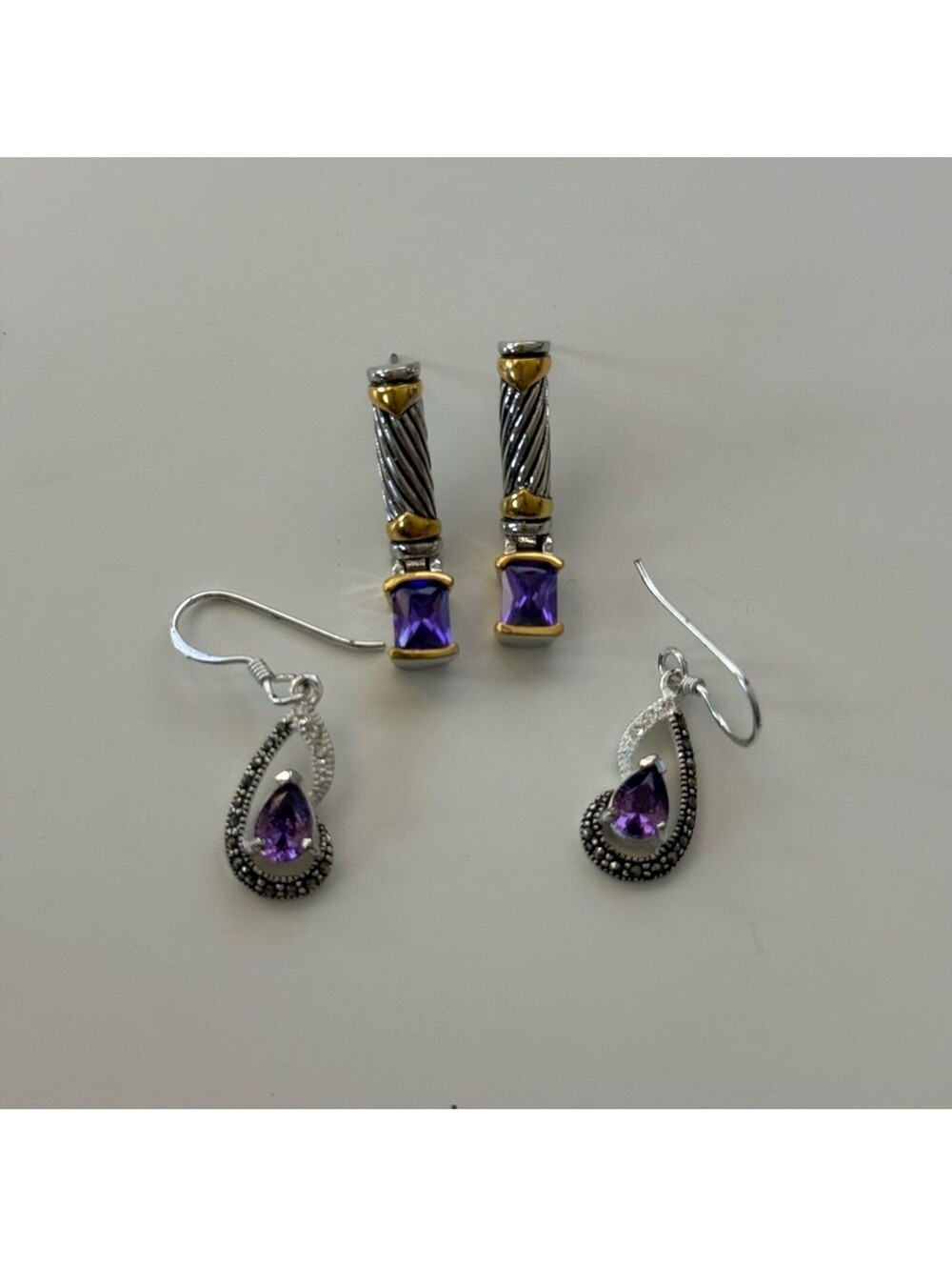 Lot of 2 Silver and Gold Earrings with Purple Accents